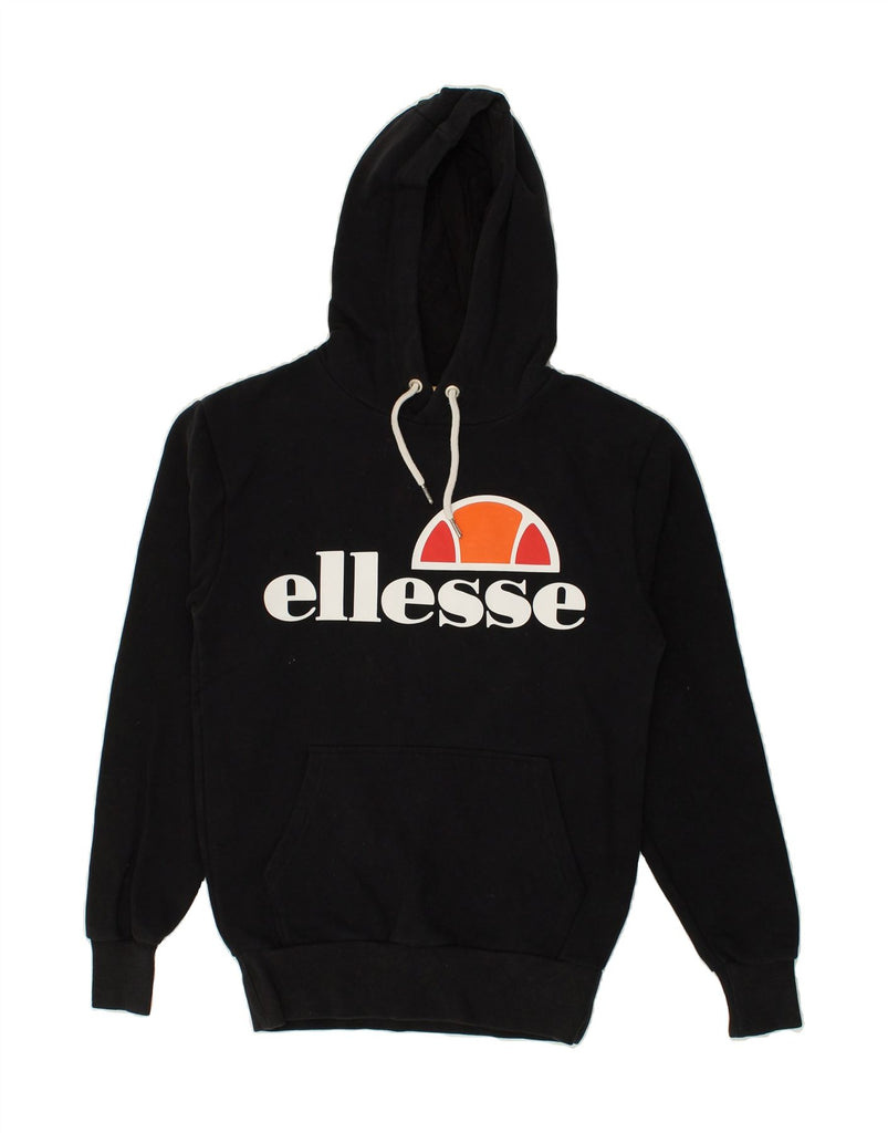 ELLESSE Womens Graphic Hoodie Jumper UK 6 XS Black Cotton | Vintage Ellesse | Thrift | Second-Hand Ellesse | Used Clothing | Messina Hembry 