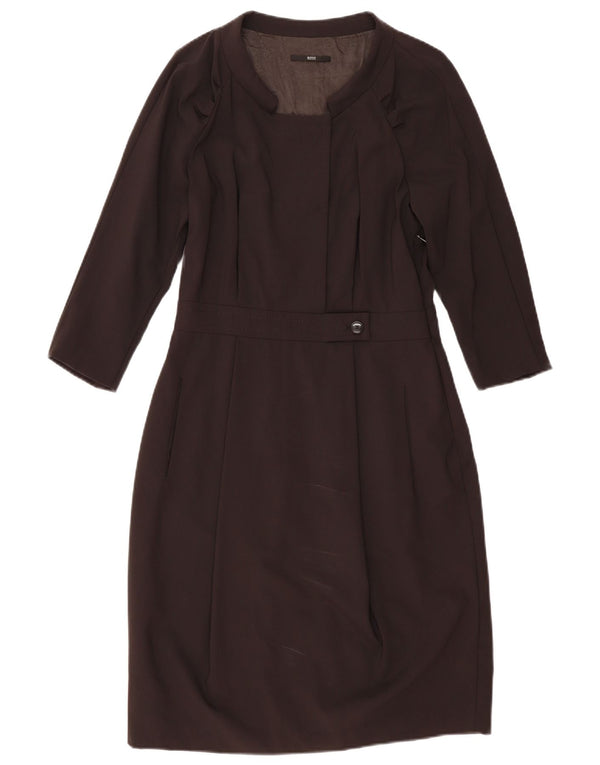 Hugo Boss Womens 3/4 Sleeve Sheath Dress UK 10 Small Brown Cupro