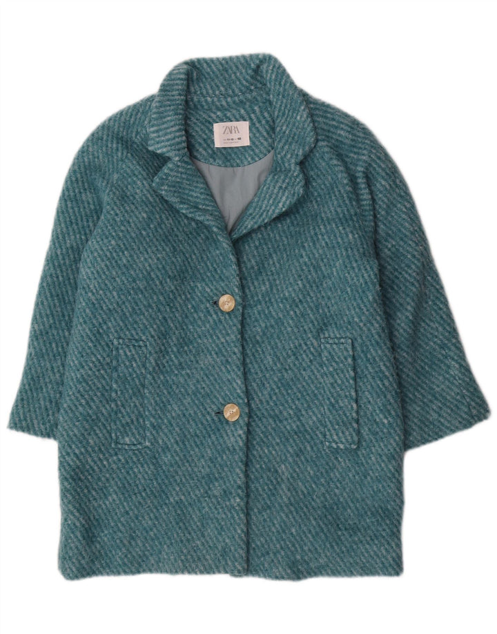 Zara Girls Overcoat 11-12 Years Turquoise Pinstripe Polyester