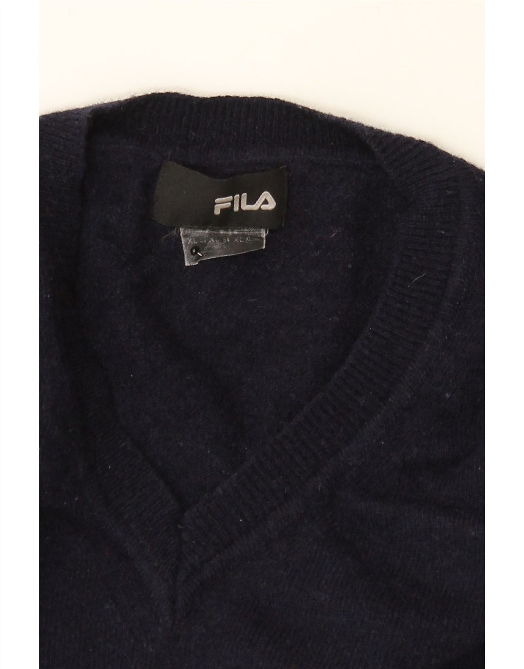 FILA Mens V-Neck Jumper Sweater XL Navy Blue Wool Vintage Fila and Second-Hand Fila from Messina Hembry 
