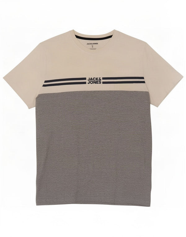 Jack & Jones Mens Graphic T-Shirt Top Medium White Colourblock Cotton