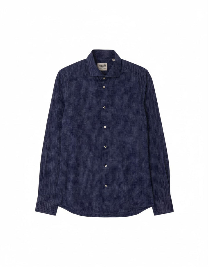 FERRE Mens Formal Shirt Size 39 15 1/2 Medium Navy Blue Check Cotton