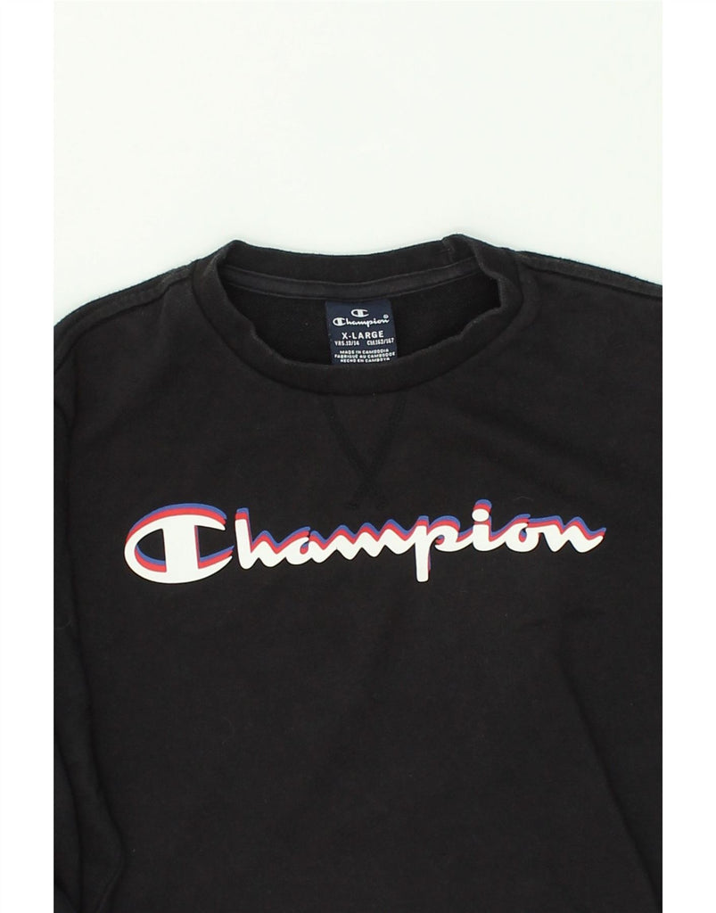 CHAMPION Boys Graphic Sweatshirt Jumper 13-14 Years XL Black Cotton | Vintage Champion | Thrift | Second-Hand Champion | Used Clothing | Messina Hembry 