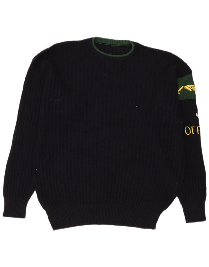 VINTAGE Mens Graphic Crew Neck Jumper Sweater XL Navy Blue Wool