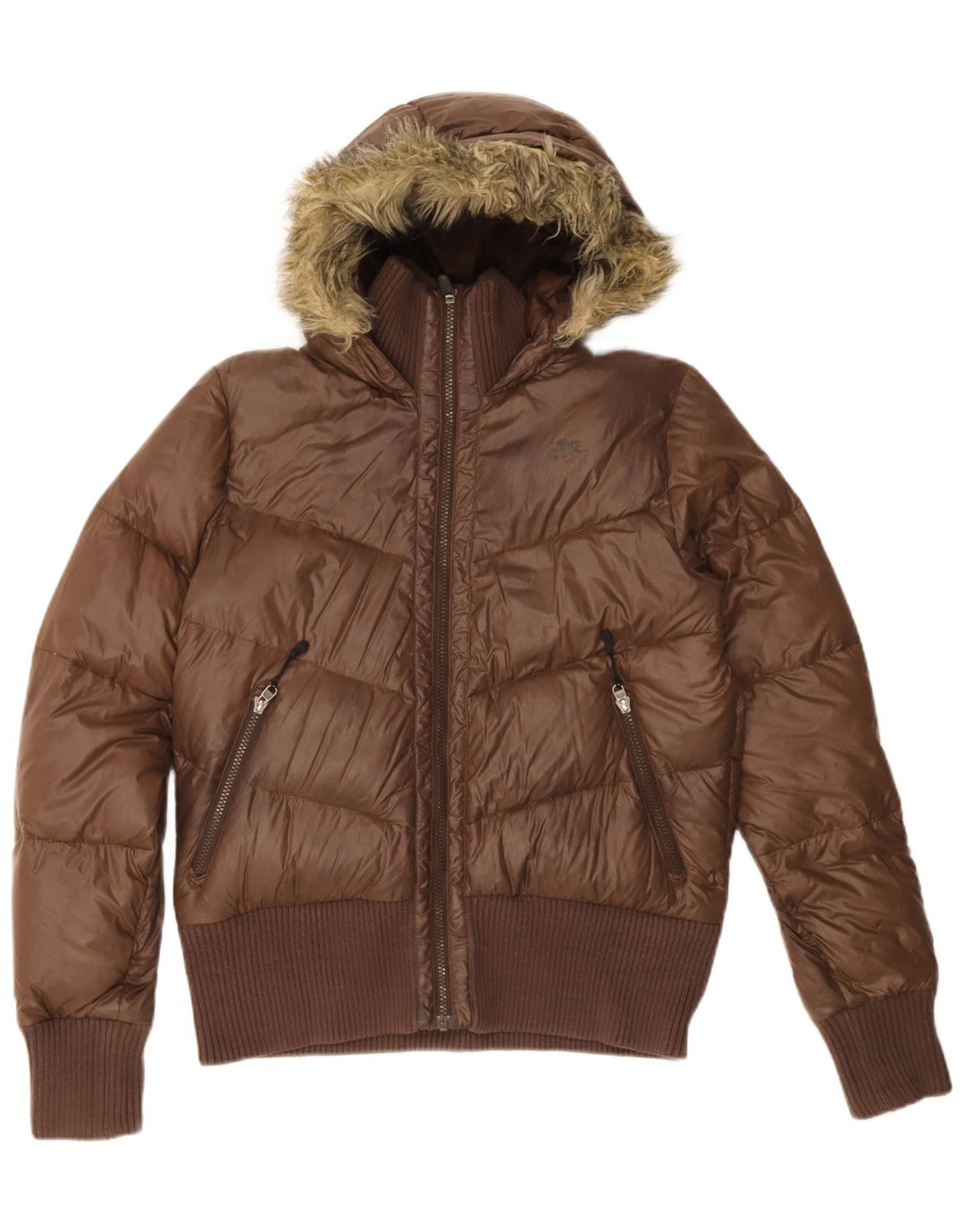 Nike Womens Hooded Padded Jacket UK 12/14 Medium Brown Nylon