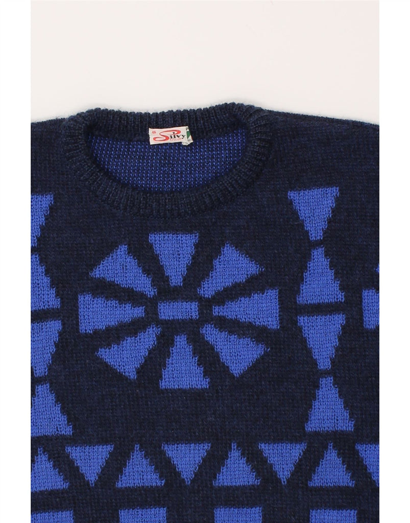 SILVY Womens Crew Neck Jumper Sweater IT 46 Large Navy Blue Geometric Wool | Vintage Silvy | Thrift | Second-Hand Silvy | Used Clothing | Messina Hembry 