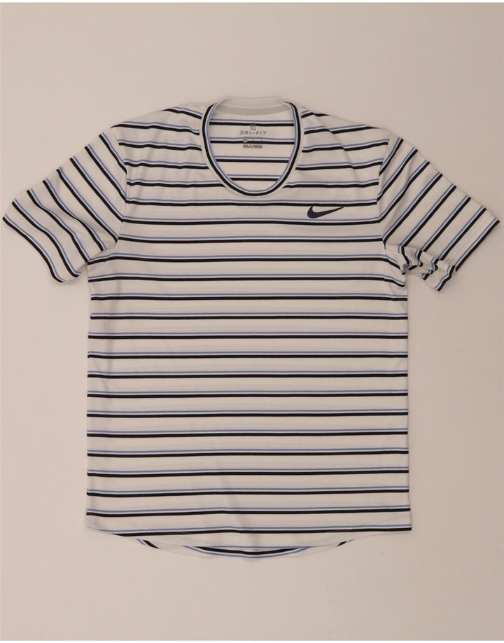 NIKE Mens Dri Fit T-Shirt Top Medium White Striped Vintage Nike and Second-Hand Nike from Messina Hembry 