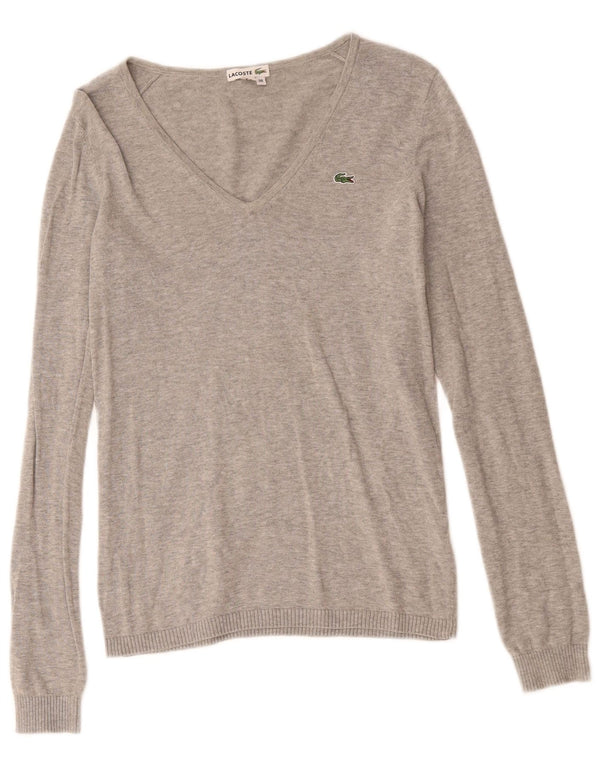 Lacoste Womens V-Neck Jumper Sweater Size 36 Small Grey Flecked Cotton
