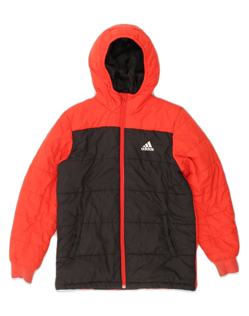 ADIDAS Boys Hooded Padded Jacket 11-12 Years Red Colourblock Polyester | Vintage Adidas | Thrift | Second-Hand Adidas | Used Clothing | Messina Hembry 