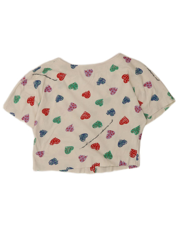 Benetton Womens Crop Short Sleeve Shirt Blouse UK 10 Small White Geometric