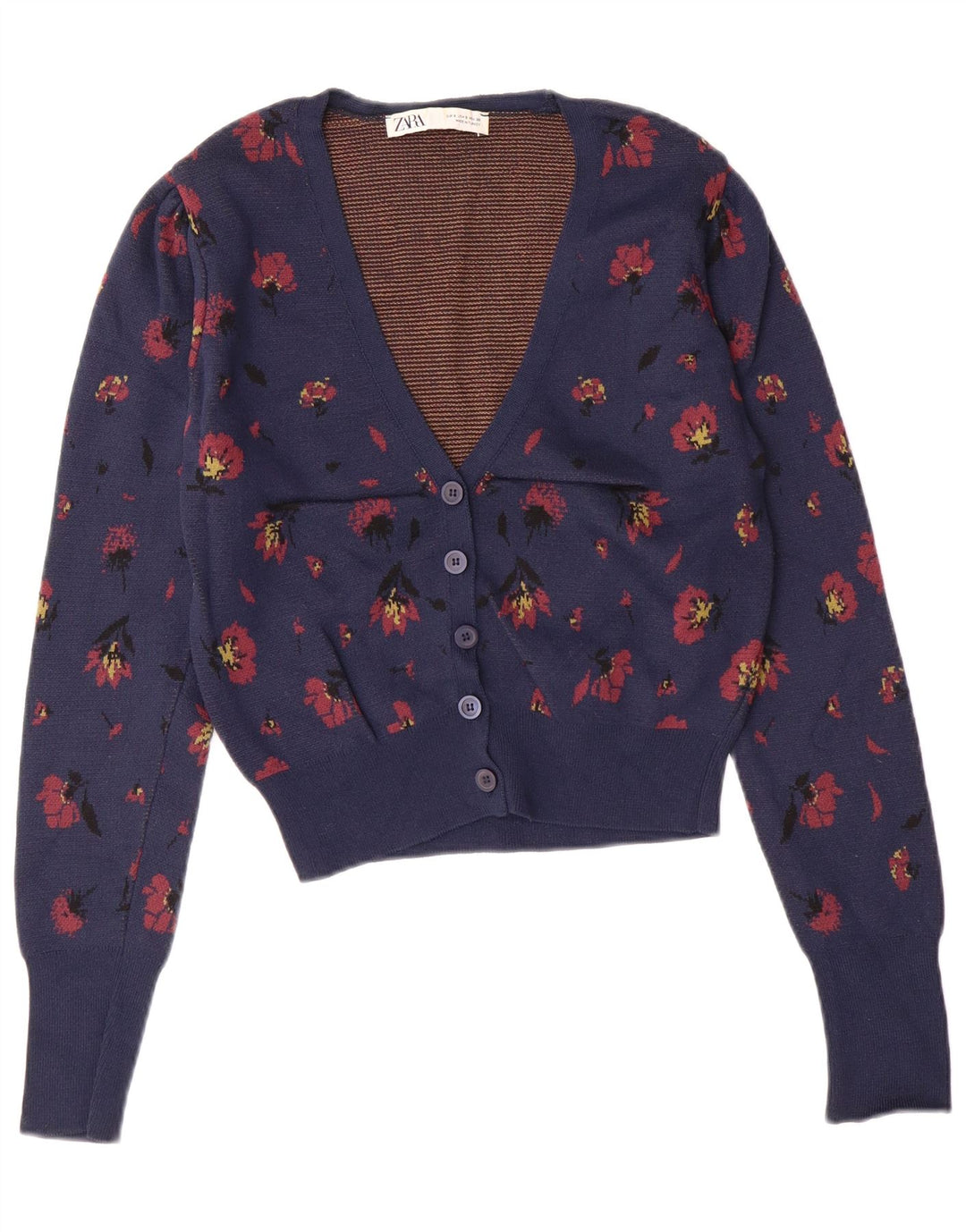 ZARA Womens Crop Cardigan Sweater UK 10 Small Navy Blue Floral Polyamide