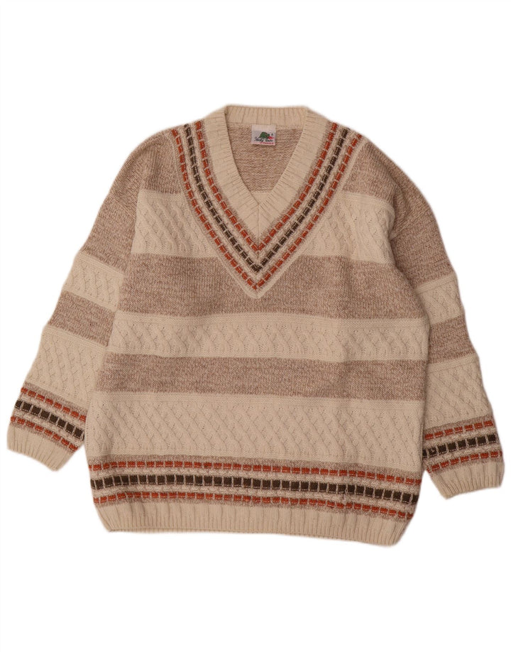 Vintage Mens V-Neck Jumper Sweater Medium Beige Striped Wool