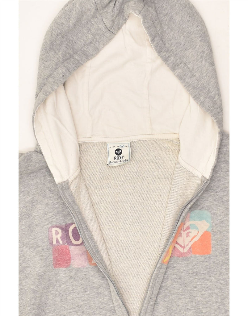 ROXY Womens Slim Fit Graphic Zip Hoodie Sweater UK 14 Medium Grey Cotton | Vintage Roxy | Thrift | Second-Hand Roxy | Used Clothing | Messina Hembry 