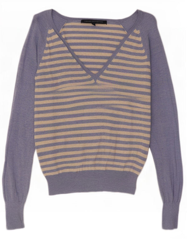 French Connection Womens V-Neck Jumper Sweater UK 14 Large Blue Striped
