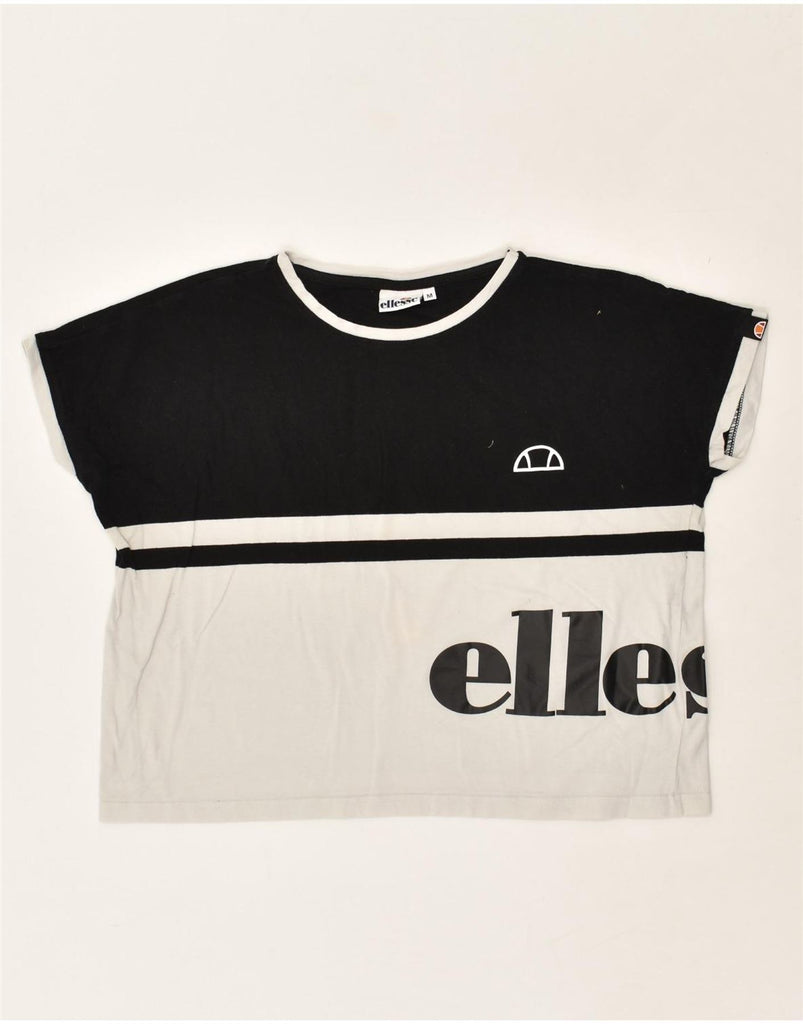 ELLESSE Womens Crop Graphic T-Shirt Top UK 14 Medium Black Colourblock | Vintage Ellesse | Thrift | Second-Hand Ellesse | Used Clothing | Messina Hembry 