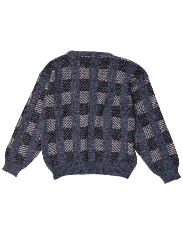 Vintage Mens Boat Neck Jumper Sweater Medium Navy Blue Check