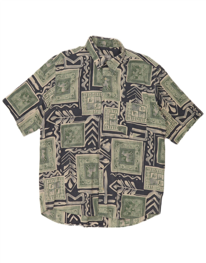 Fitzroy Mens Short Sleeve Shirt Large Green Patchwork Viscose