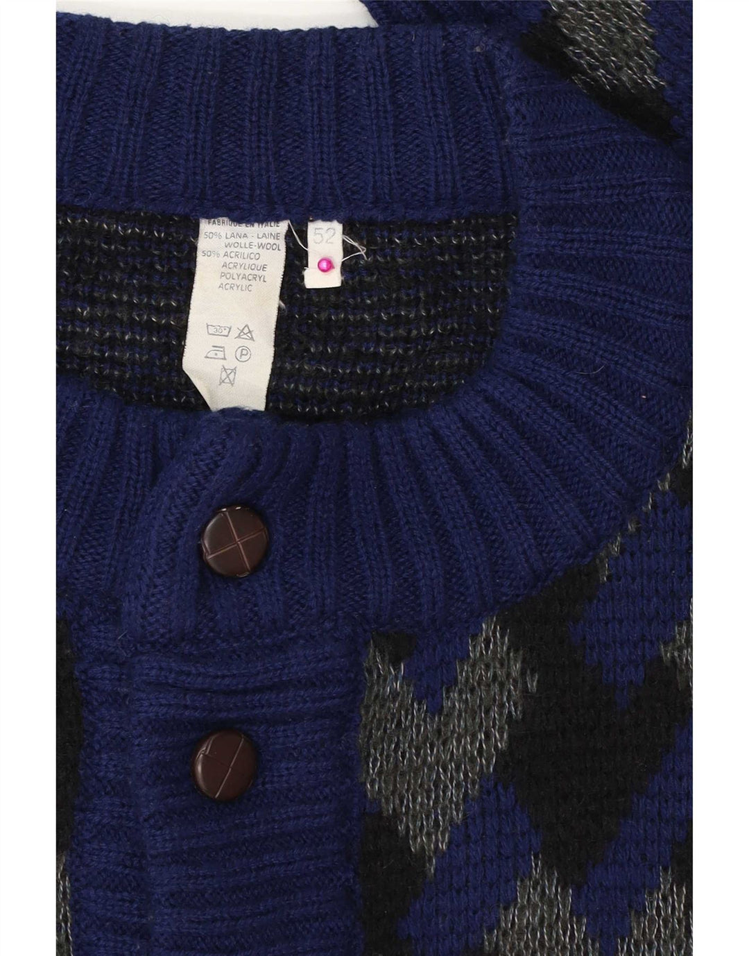Vintage Mens Cardigan Sweater IT 52 Large Navy Blue Geometric Wool