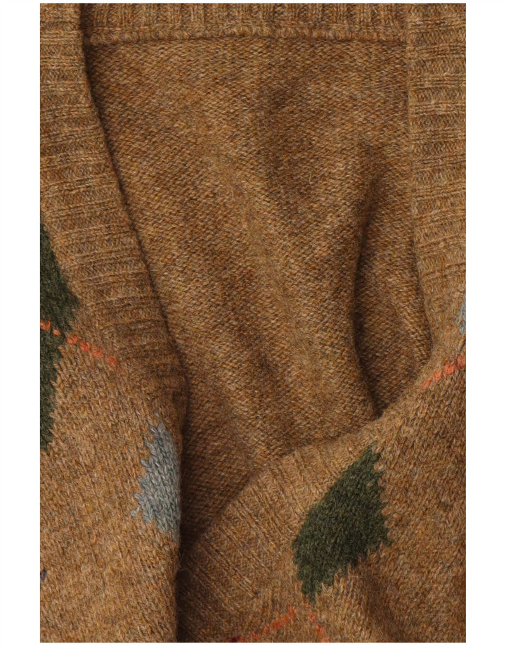 Vintage Mens V-Neck Jumper Sweater Medium Brown Argyle/Diamond