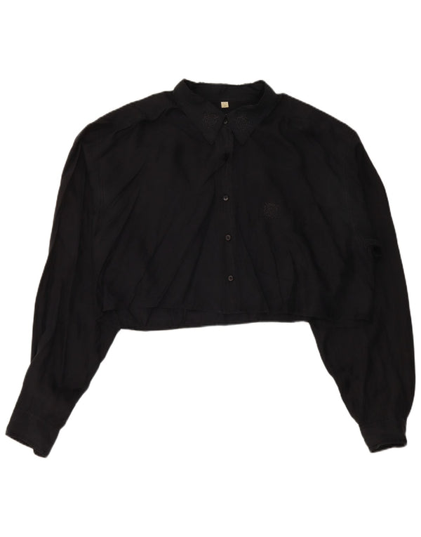 Vintage Womens Loose Fit Crop Shirt Blouse UK 14 Medium Black