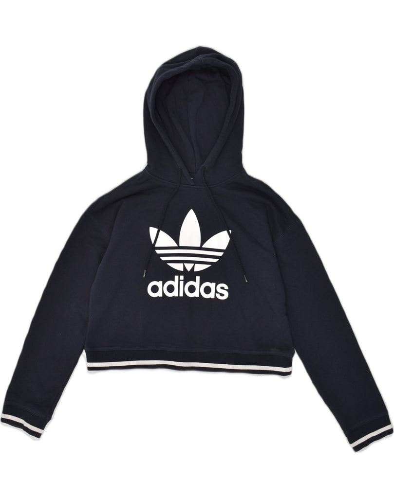 ADIDAS Womens Crop Graphic Hoodie Jumper UK 6 XS  Navy Blue Cotton | Vintage Adidas | Thrift | Second-Hand Adidas | Used Clothing | Messina Hembry 