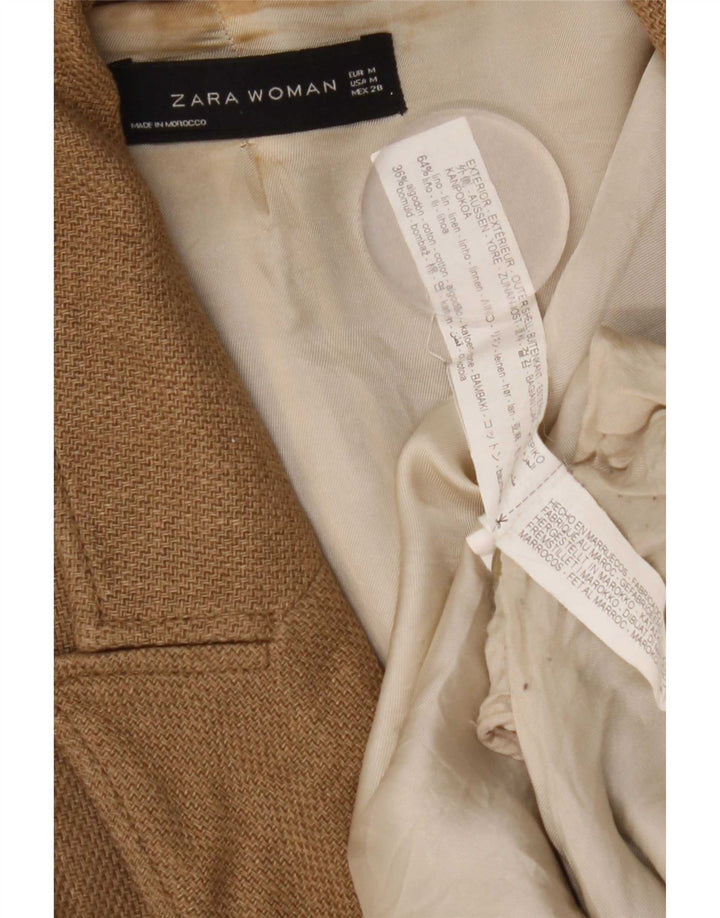 Zara Womens Longline Double Breasted Blazer Jacket UK 14 Medium Brown Linen