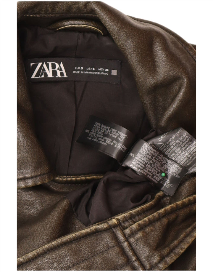 Zara Womens Leather Oversized Biker Jacket UK 10 Small Brown Polyester