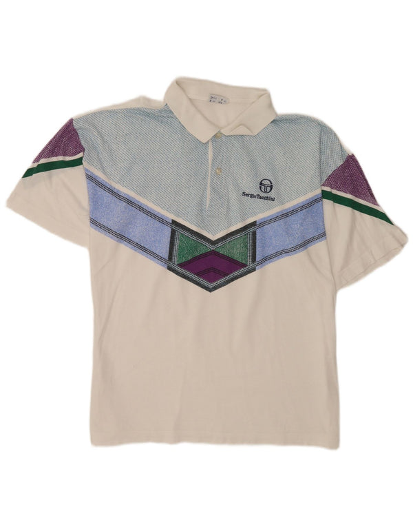 Sergio Tacchini Mens Polo Shirt Medium White Colourblock Cotton Sports