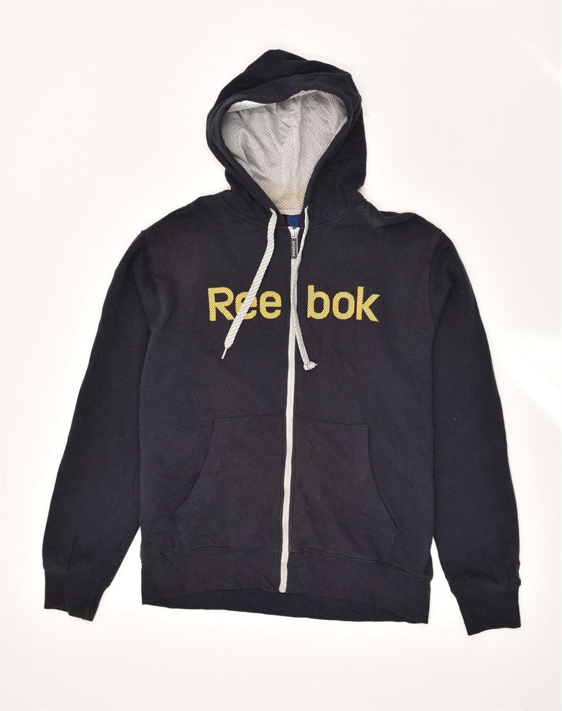 REEBOK Mens Graphic Zip Hoodie Sweater Medium Navy Blue Cotton | Vintage Reebok | Thrift | Second-Hand Reebok | Used Clothing | Messina Hembry 