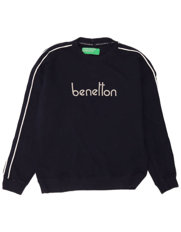Benetton Mens Graphic Loose Fit Sweatshirt Jumper Small Navy Blue Cotton