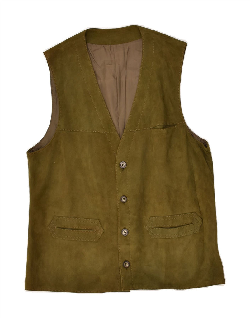 VINTAGE Mens Slim Leather Waistcoat IT 52 Large Khaki Leather | Vintage Vintage | Thrift | Second-Hand Vintage | Used Clothing | Messina Hembry 