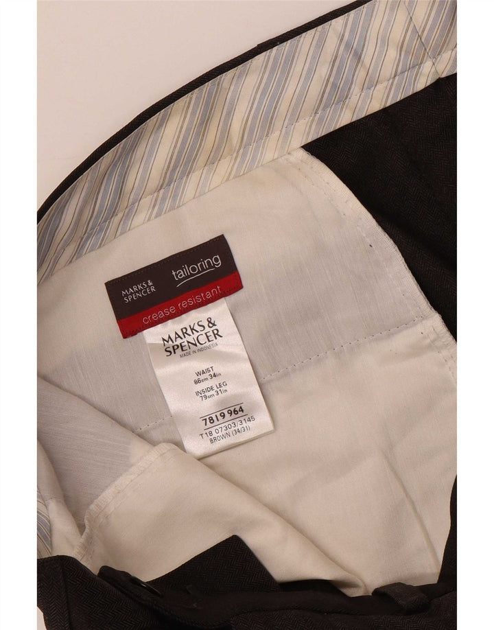 Marks & Spencer Mens Straight Suit Trousers W34 L31 Brown Herringbone