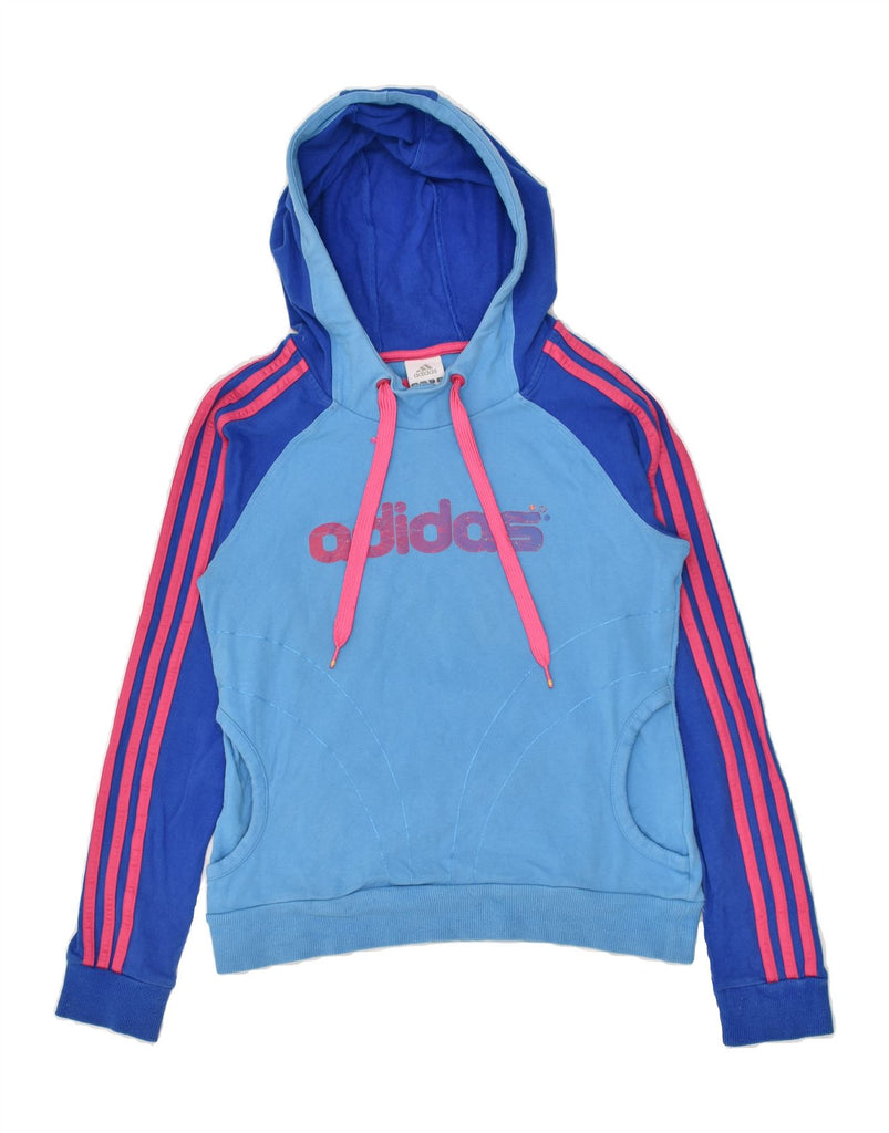 ADIDAS Girls Graphic Hoodie Jumper 11-12 Years Blue Colourblock Cotton | Vintage Adidas | Thrift | Second-Hand Adidas | Used Clothing | Messina Hembry 