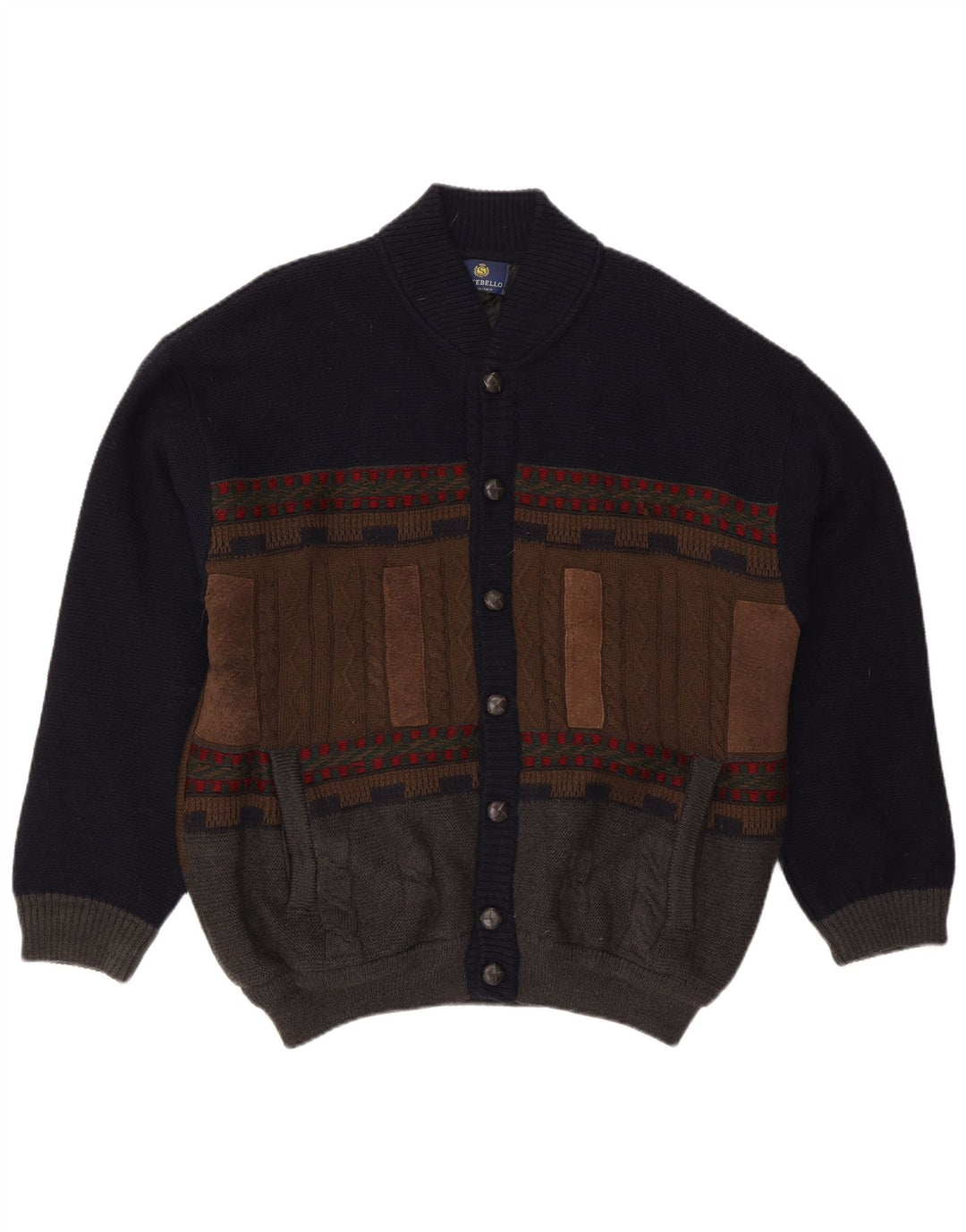 Settebello Mens Cardigan Sweater XL Navy Blue Colourblock Wool