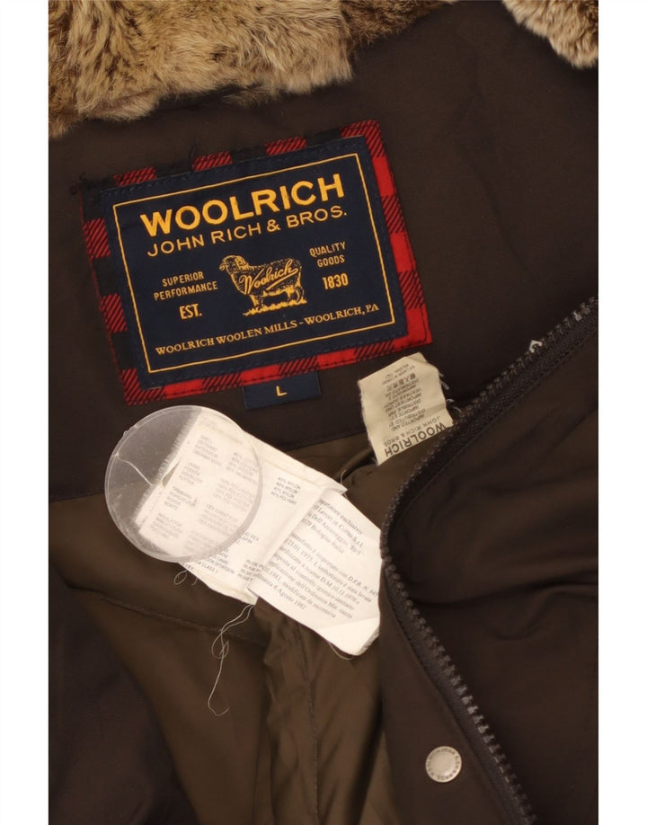 Woolrich Womens Hooded Padded Jacket UK 16 Large Khaki Cotton
