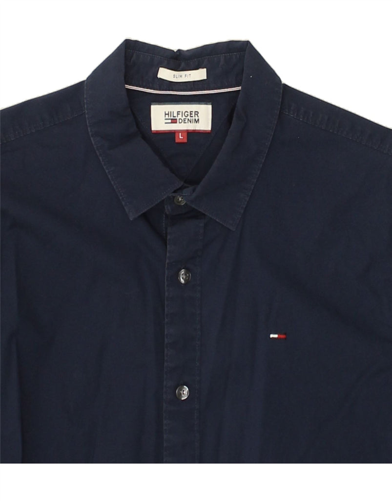 TOMMY HILFIGER Mens Slim Fit Shirt Large Navy Blue Cotton | Vintage Tommy Hilfiger | Thrift | Second-Hand Tommy Hilfiger | Used Clothing | Messina Hembry 