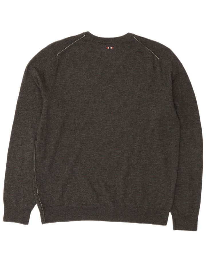 Napapijri Mens V-Neck Jumper Sweater Large Grey Merino Wool