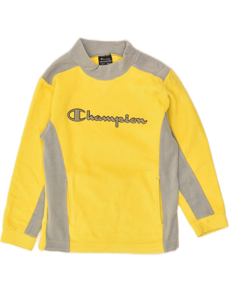 CHAMPION Boys Graphic Fleece Jumper 7-8 Years Yellow Colourblock Polyester | Vintage Champion | Thrift | Second-Hand Champion | Used Clothing | Messina Hembry 