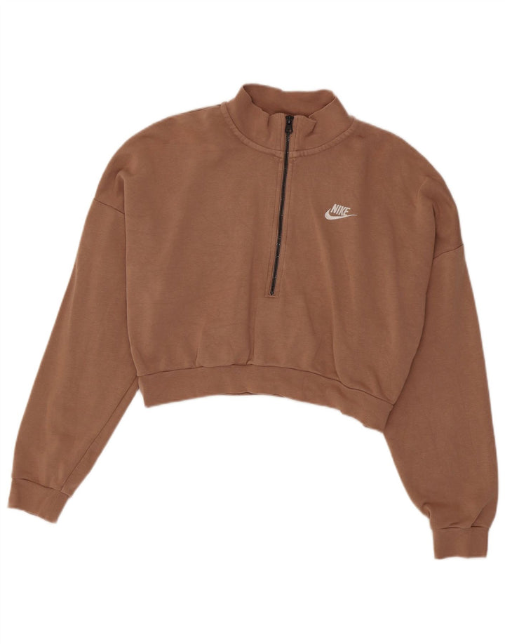 Nike Womens Crop Zip Neck Sweatshirt Jumper UK 14 Medium Brown Cotton