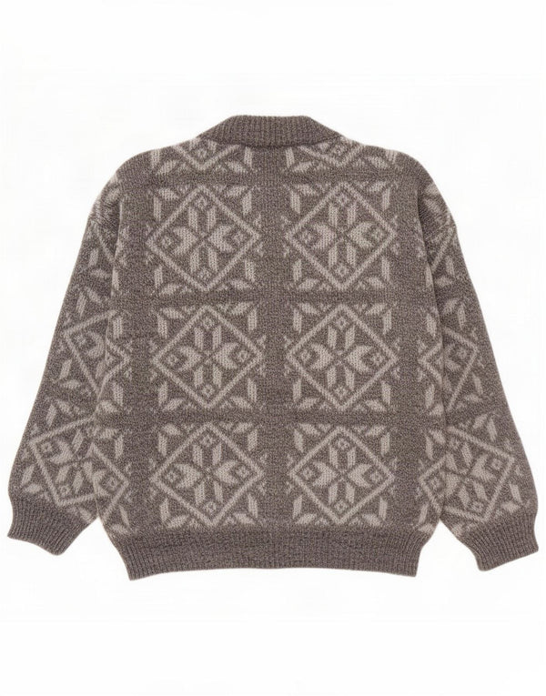 Vintage Mens Loose Fit Cardigan Sweater Small Grey Fair Isle Wool