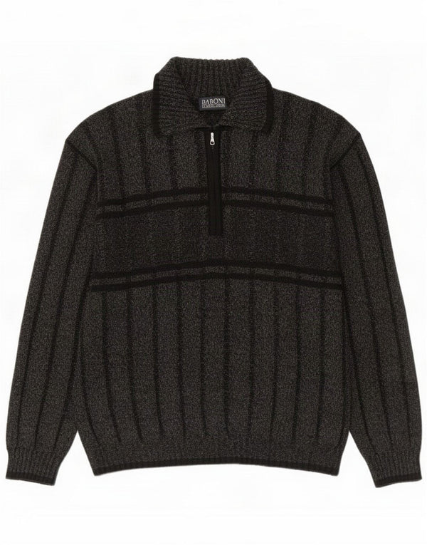 Baroni Mens Zip Neck Jumper Sweater IT 50 Large Grey Striped Acrylic