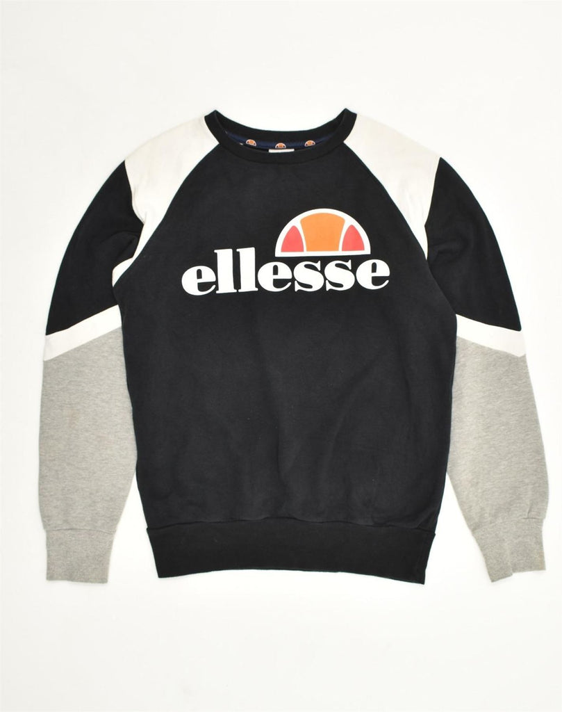 ELLESSE Boys Graphic Sweatshirt Jumper 9-10 Years Black Colourblock Cotton | Vintage Ellesse | Thrift | Second-Hand Ellesse | Used Clothing | Messina Hembry 