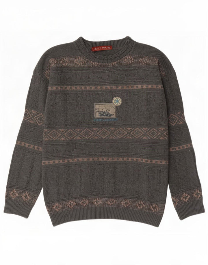Xavier Mens Boat Neck Jumper Sweater Medium Grey Geometric Wool