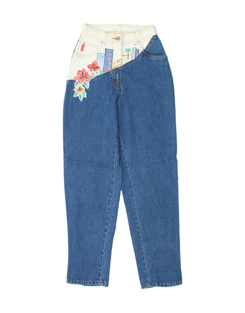 TOGETHER Womens Graphic Tapered Jeans UK 8 Small W24 L31  Blue Floral Vintage Together and Second-Hand Together from Messina Hembry 