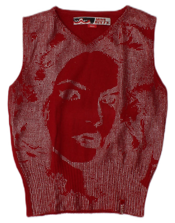MISS SIXTY Womens Crop Graphic Vest Tank Top UK 8 Small Red Wool