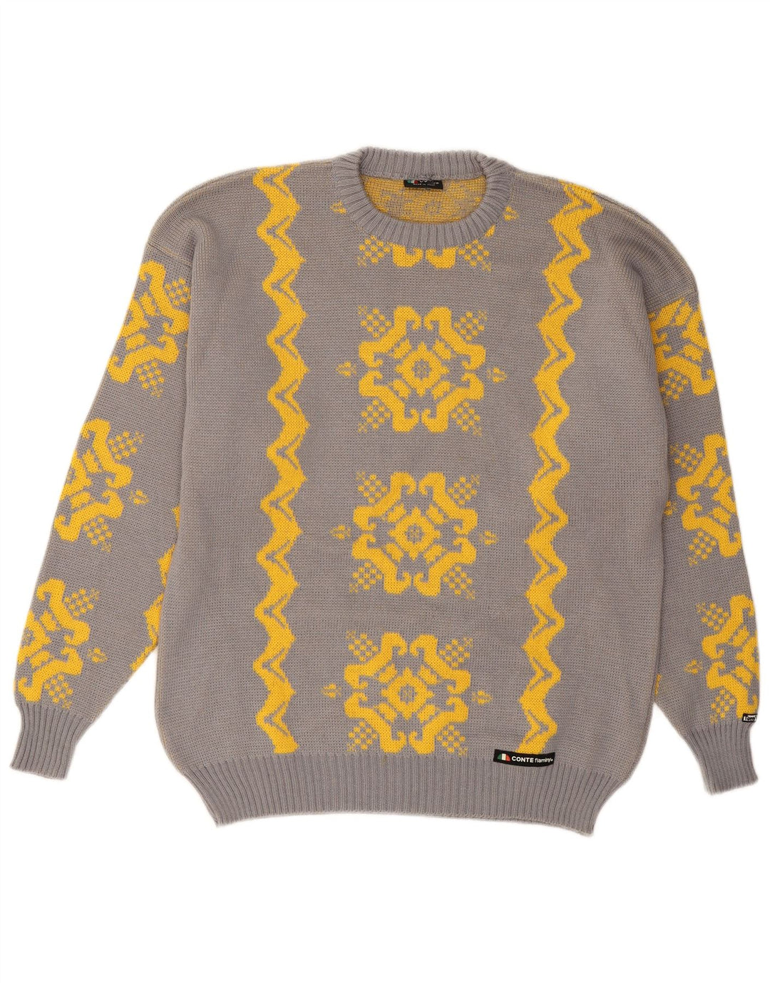 VINTAGE Mens Crew Neck Jumper Sweater Medium Grey Fair Isle Wool