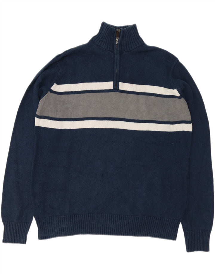 EDDIE BAUER Mens Zip Neck Jumper Sweater Large Navy Blue Colourblock