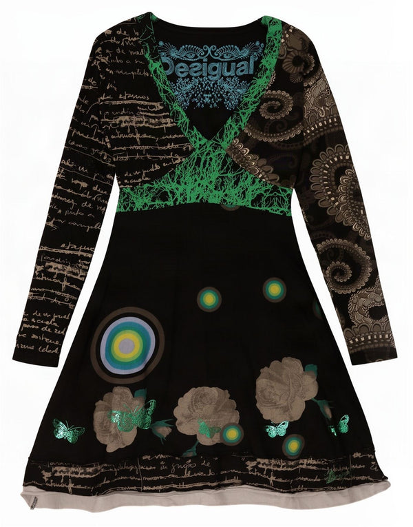 Desigual Womens Graphic Long Sleeve A-Line Dress UK 12 Medium Black Spotted