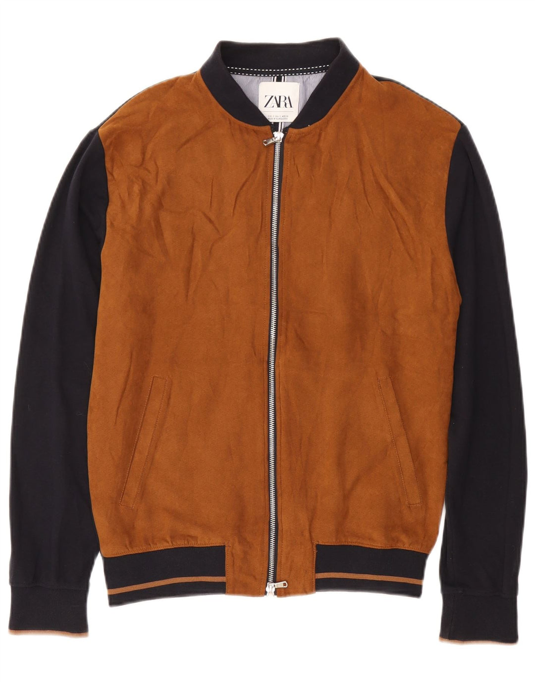 Zara Mens Bomber Jacket UK 36 Small Brown Colourblock Cotton