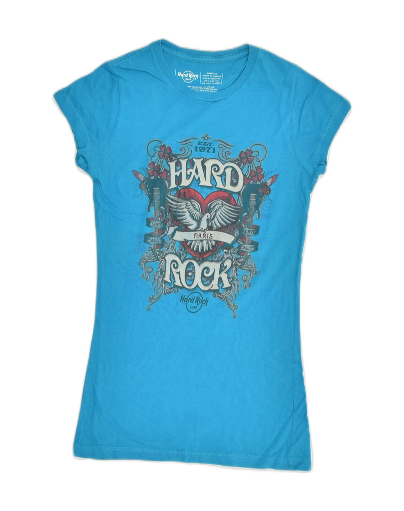 HARD ROCK Womens Paris Graphic T-Shirt Top UK 2 2XS Blue Cotton | Vintage Hard Rock | Thrift | Second-Hand Hard Rock | Used Clothing | Messina Hembry 